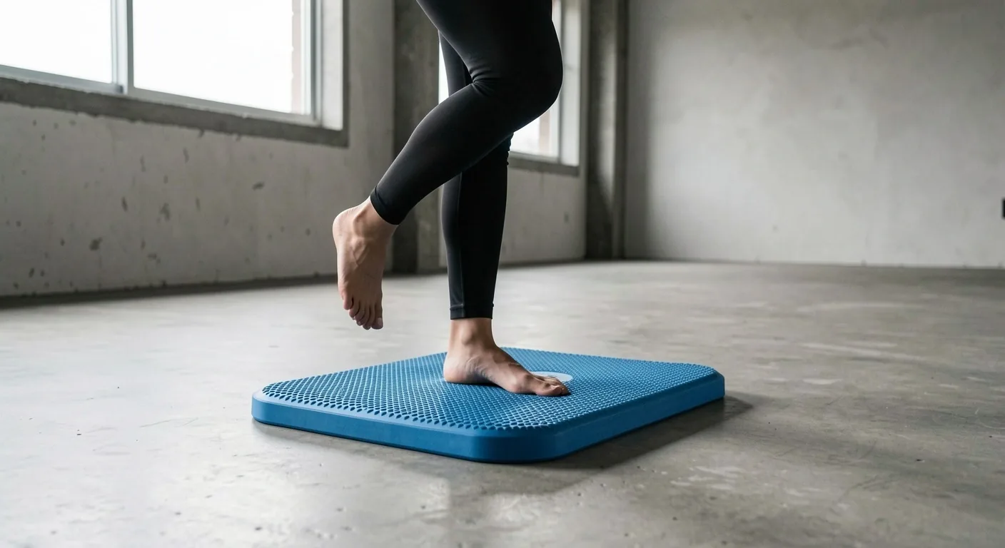 Person training on a balance pad in a concrete gym